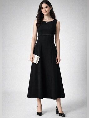 Vintage Handmade Black Wool Midi Dress Minimalist Goth A-Line